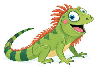 Obraz premium A happy-looking green iguana with a long, striped tail. It has a bright orange spiky mohawk and a matching beard. The iguana's eyes are wide and blue, and it has a big, open-mouthed smile.