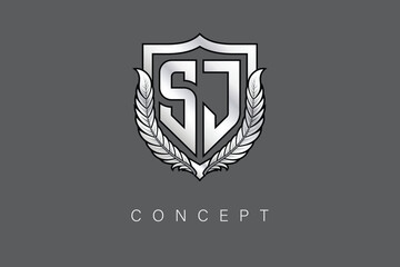 SJ Creative Initial Letter Logo with Shield and Laurel Wreath Silver Metallic Branding Emblem on Gray Background.