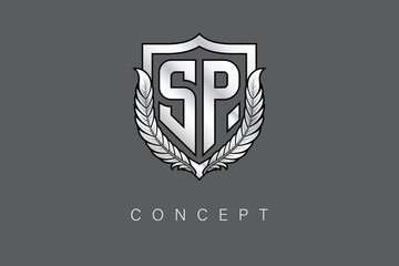 SP Creative Initial Letter Logo with Shield and Laurel Wreath Silver Metallic Branding Emblem on Gray Background.