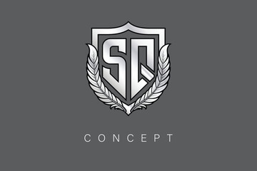 SQ Creative Initial Letter Logo with Shield and Laurel Wreath Silver Metallic Branding Emblem on Gray Background.