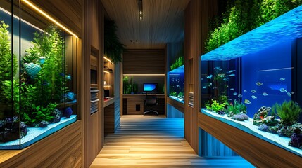 Luxurious home office featuring built in aquariums with tropical fish and lush aquatic plants creating a serene workspace