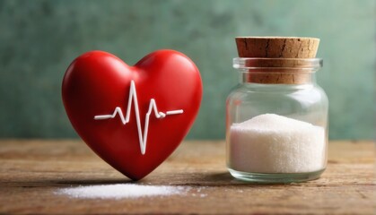 Red heart with heartbeat line on wooden surface, glass jar with sugar, light green background  love and health concept.