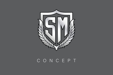 SM Creative Initial Letter Logo with Shield and Laurel Wreath Silver Metallic Branding Emblem on Gray Background.