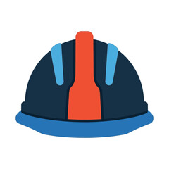 Fototapeta premium A colorful graphic illustration of a dark blue construction hard hat with orange and light blue stripes, viewed from the front.