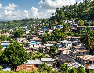 Obraz premium A hillside village nestled amongst lush foliage under a partly cloudy sky