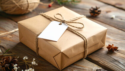 Gift of Love: A rustic gift wrapped in brown paper, adorned with twine and a blank tag, resting on a weathered wooden surface, invoking the warmth and anticipation of sharing and giving.