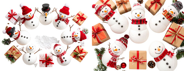 Set of A family of snowmen arranged in a circle around wrapped Christmas presents, captured