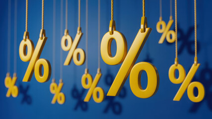 Golden Percentage Symbols Hanging on Blue Background