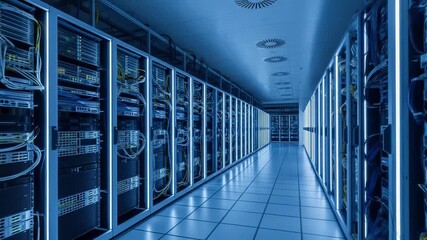 Exploring a Modern Data Center: Rows of Servers Illuminated in Blue - Powered by Adobe