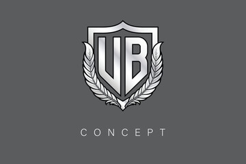 UB Creative Initial Letter Logo with Shield and Laurel Wreath Silver Metallic Branding Emblem on Gray Background.