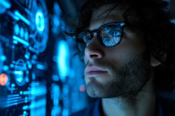 Focused man with glasses examines holographic screen displaying blue data visualizations, concept for data analysis, cybersecurity, and advanced technological research