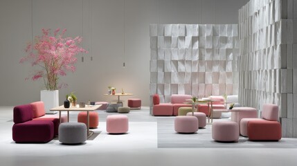 Reconfigurable modular seating units arranged in various layouts emphasizing versatile design adaptability with a crisp focus on the main furniture and a softfocus backdrop.