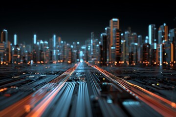 Abstract futuristic city with glowing lines simulates fast data transfer and high technology landscape, concept for network infrastructure, artificial intelligence and digital transformation
