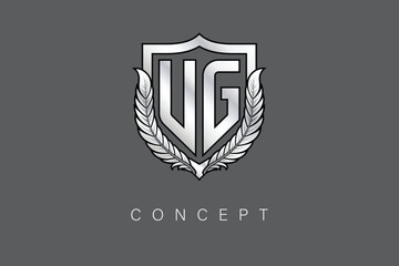 UG Creative Initial Letter Logo with Shield and Laurel Wreath Silver Metallic Branding Emblem on Gray Background.