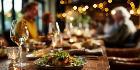 Obraz premium Close-up of elegantly plated food and wine glasses on a wooden table at a festive dinner gathering with blurred people, concept for holiday celebration, fine dining event and family reunion
