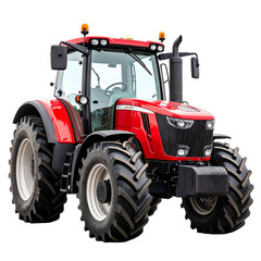 Red Tractor Power Isolated On White Background: A vibrant, powerful red tractor dominates the frame, showcasing its robust build and advanced design, highlighting the strength. 