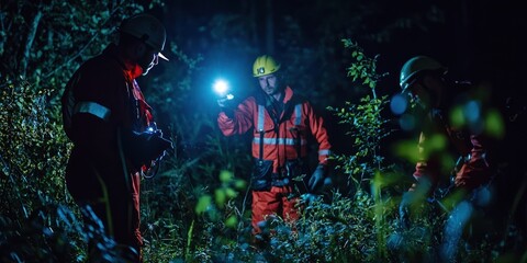 Emergency workers using flashlights to search in a dark, wooded area