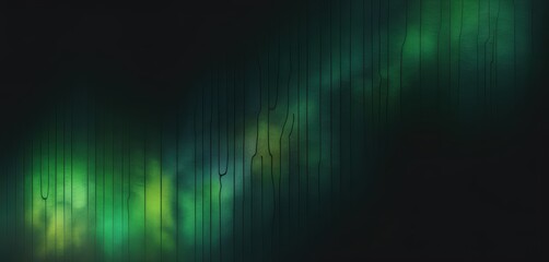 Abstract vertical green light streaks and bokeh on a dark textured background