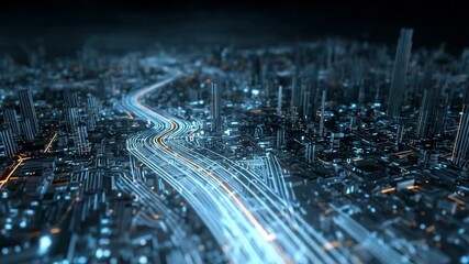 Aerial view of a futuristic highway at night with light trails, representing speed, connectivity, and the flow of information in a smart city