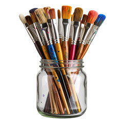 Artistic Toolkit Isolated On White Background: A close-up shot of various artist brushes in a glass jar, showcasing the tools of creativity and artistic expression. 