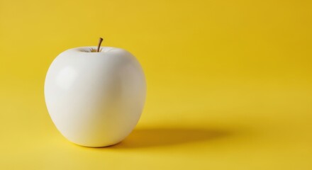 Minimalist white apple on yellow, simple still life composition, vibrant hue