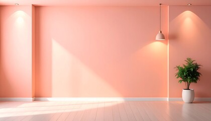 Serene Coral Room: Minimalist Interior Design with Sunlight and Plant