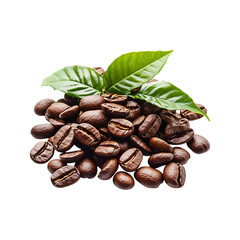 Obraz premium A pile of roasted coffee beans with fresh green coffee leaves isolated on transparent background