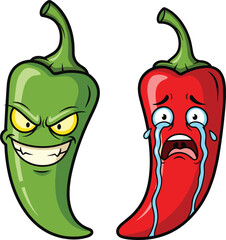 Cartoon chili pepper characters, spicy food mascot set, green evil pepper and red crying pepper, humorous vegetable vector art, emotional food illustration