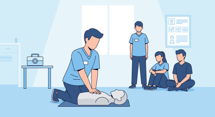 A medical professional demonstrates essential life-saving CPR techniques on a training dummy to a group of attentive students in a bright, modern classroom setting.