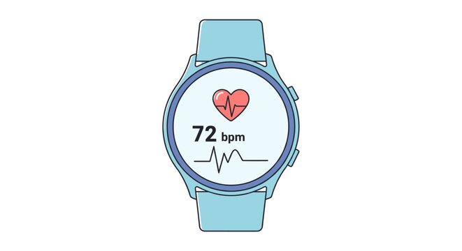 A modern light blue smartwatch displays essential health metrics, showing a heart icon, a 72 bpm heart rate, and an ECG waveform for fitness tracking.