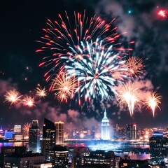 New York City Celebration Fireworks Display Over The Skyline Cityscape