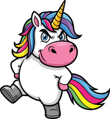 Cartoon unicorn standing upright, confident pose, colorful rainbow mane and tail, golden horn, wearing boots, cute fantasy animal character, vector illustration, isolated background