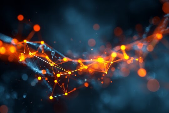 Abstract glowing network of orange lines and dots against a dark backdrop. Concept for data visualization, artificial intelligence and digital connectivity
