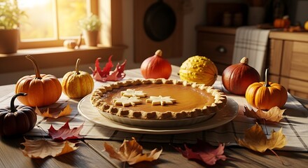 Thanksgiving pumpkin pie with various pumpkins and autumn leaves beautifully arranged on the table. 