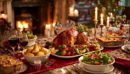 christmas dinner table with snacks Christmas Dinner with Roasted Turkey and Wine