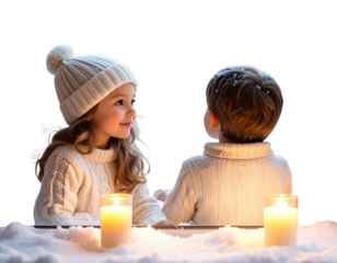 Two children looking out a frosted window on Christmas Eve, soft candlelight glow and