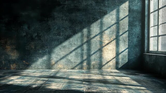 Sunlight streams through a window into a dark empty room with textured walls and floor creating dramatic shadows.
