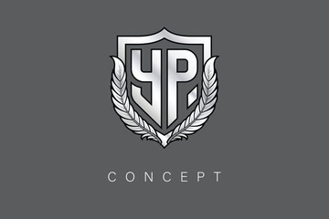 YP Creative Initial Letter Logo with Shield and Laurel Wreath Silver Metallic Branding Emblem on Gray Background.