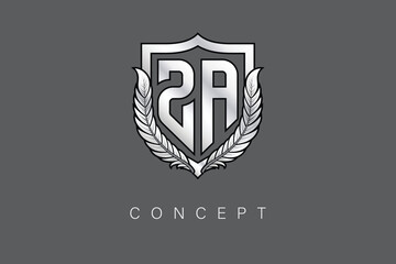 ZA Creative Initial Letter Logo with Shield and Laurel Wreath Silver Metallic Branding Emblem on Gray Background.