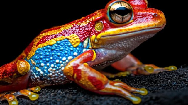 Colorful frog close up on black background
