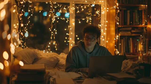 Young student studying late at night in a cozy room illuminated by warm fairy lights, focused on laptop screen with books and papers scattered around