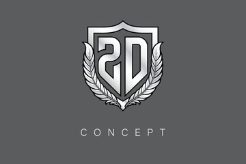 ZD Creative Initial Letter Logo with Shield and Laurel Wreath Silver Metallic Branding Emblem on Gray Background.