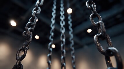 Metal Chains Hanging from Ceiling, Blurred Lights, Possible Industrial Display