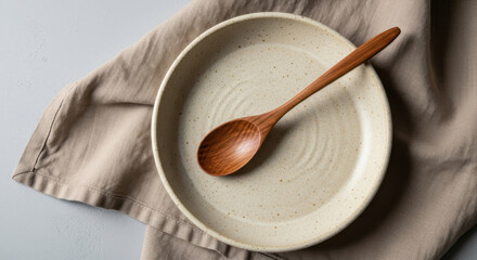 Rustic plate and wooden spoon overhead