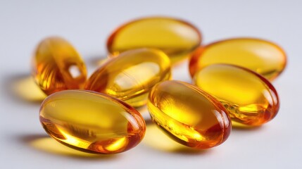 Close up of omega-3 fish oil capsules, golden translucent gel pills on a white background