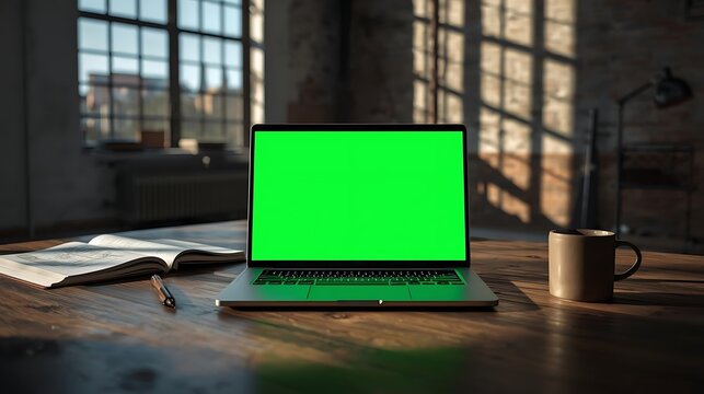 Modern home office scene featuring a laptop with a blank green screen on a wooden desk, situated in a sunlit industrial loft space