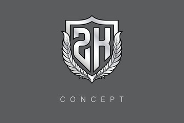 ZK Creative Initial Letter Logo with Shield and Laurel Wreath Silver Metallic Branding Emblem on Gray Background.