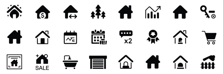 Real Estate and Property Icon Set – Black Line Icons for Housing, Sales, and Management