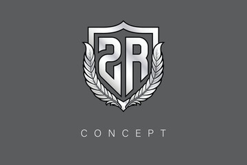 ZR Creative Initial Letter Logo with Shield and Laurel Wreath Silver Metallic Branding Emblem on Gray Background.