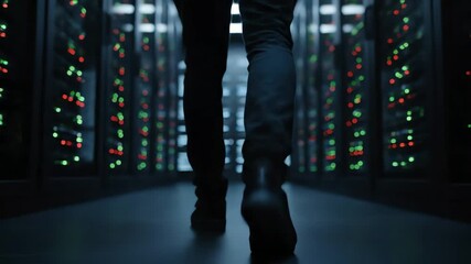 4k video footage of a person walking down a dark server room aisle, close-up view of legs and feet, showcasing data center technology and infrastructure in low light. - Powered by Adobe